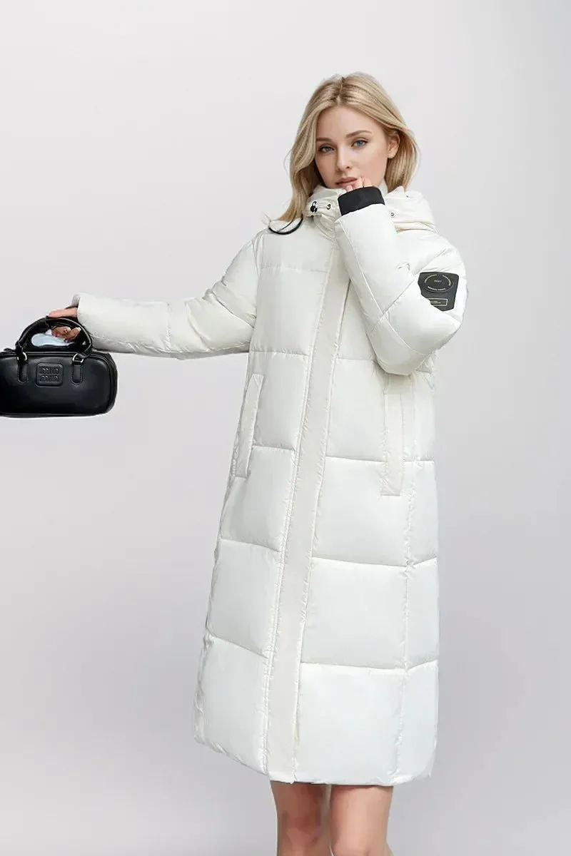 2024 neue Verdicken Schnee Parkas Mode Winddicht Glänzend Unten Baumwolle Mit Kapuze Frauen Jacke Winter Lose Lange Mantel Kleidung Damen