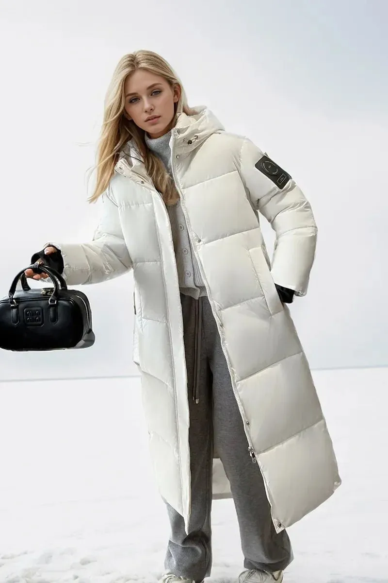 2024 neue Verdicken Schnee Parkas Mode Winddicht Glänzend Unten Baumwolle Mit Kapuze Frauen Jacke Winter Lose Lange Mantel Kleidung Damen