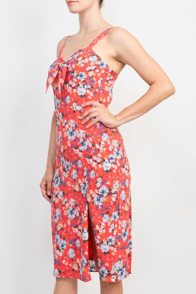 BCBG Generation Strap Shoulder Sweetheart Neck Bow Detail Keyhole Front Elastic Back Floral Print Crepe Dress