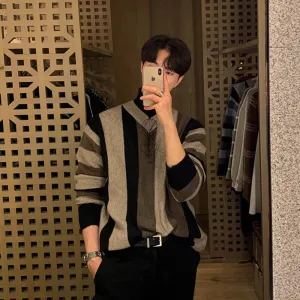 ChicMy-Fall Outfits -Men's Outfits Autumn Clothing Men's Light Luxury Knitted V Neck Pullover Sweater Korean Patchwork Leisure Long Sleeve Knitwear 2024 New