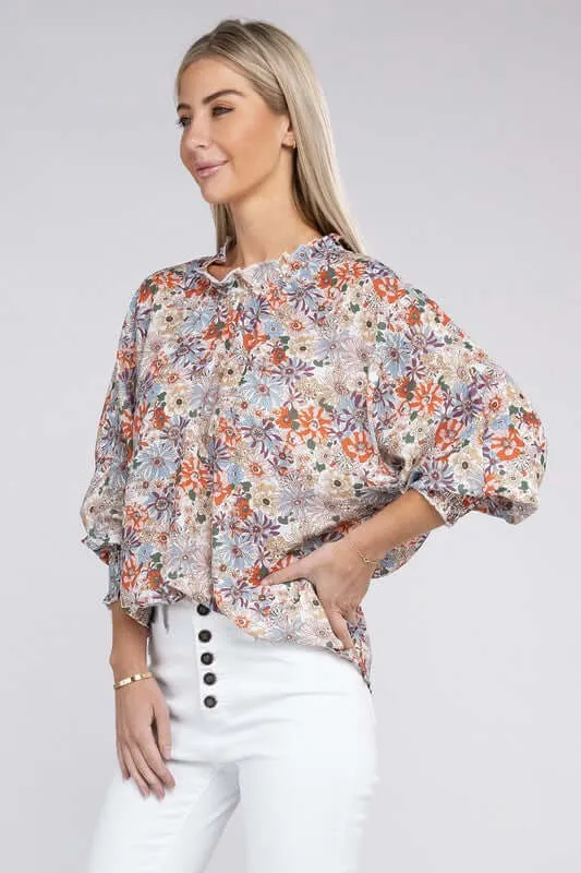 Floral Print Mock Neck Raglan Sleeve Blouse