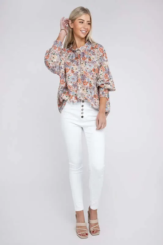 Floral Print Mock Neck Raglan Sleeve Blouse