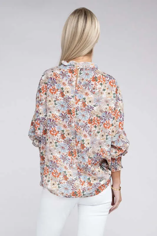 Floral Print Mock Neck Raglan Sleeve Blouse