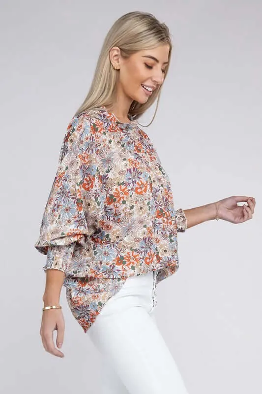 Floral Print Mock Neck Raglan Sleeve Blouse