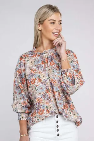 Floral Print Mock Neck Raglan Sleeve Blouse