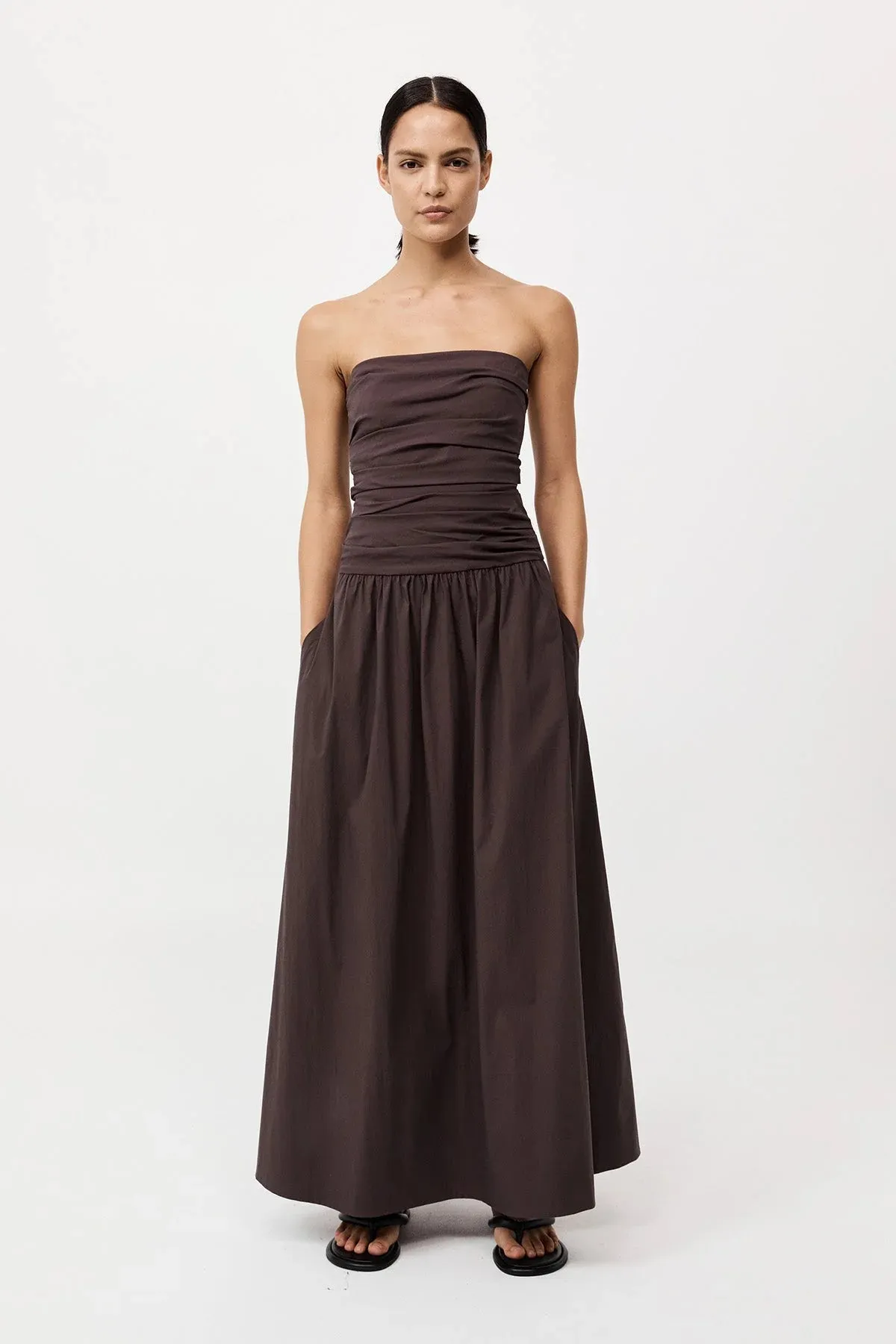 Gathered Strapless Tie Back Dress in Chocolate Plum