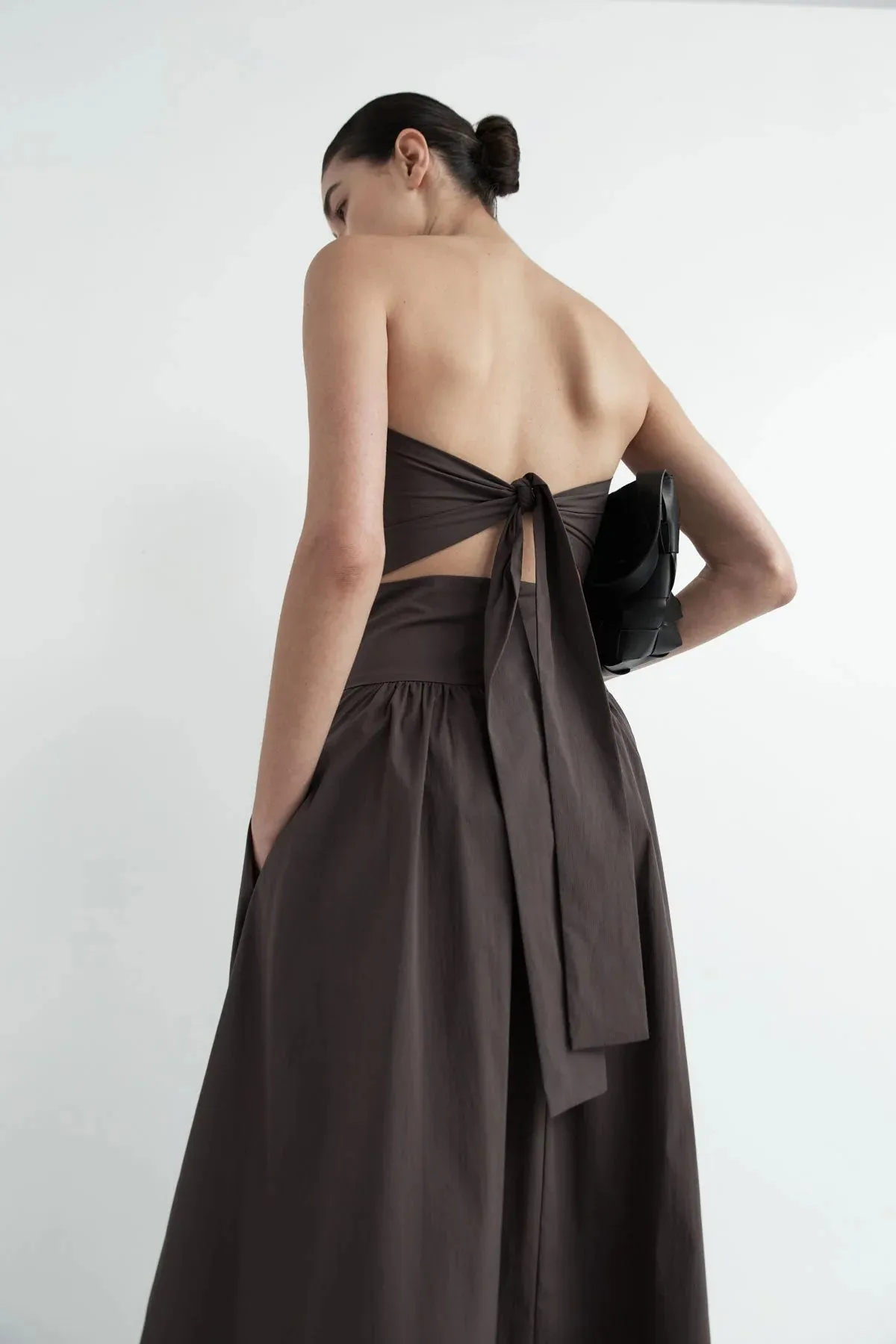 Gathered Strapless Tie Back Dress in Chocolate Plum