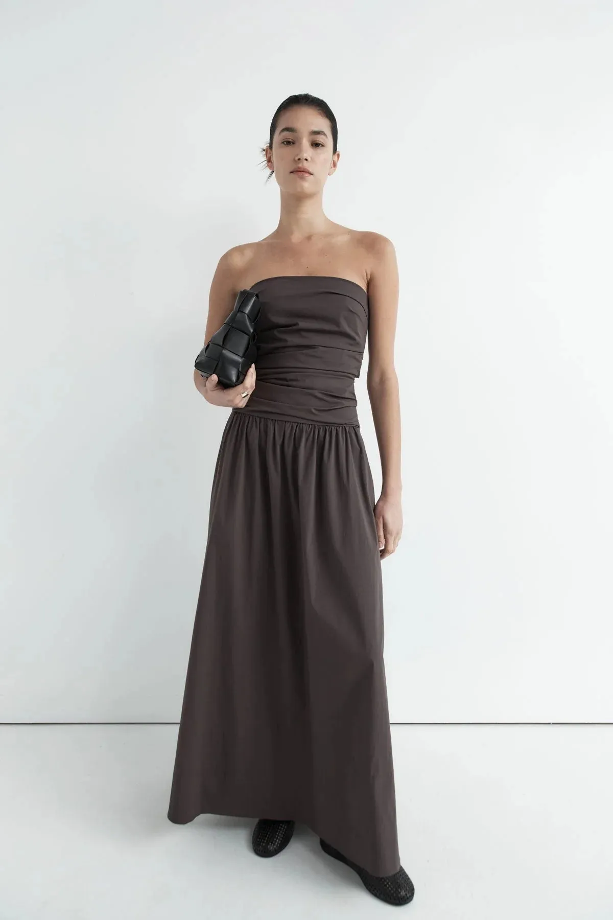 Gathered Strapless Tie Back Dress in Chocolate Plum