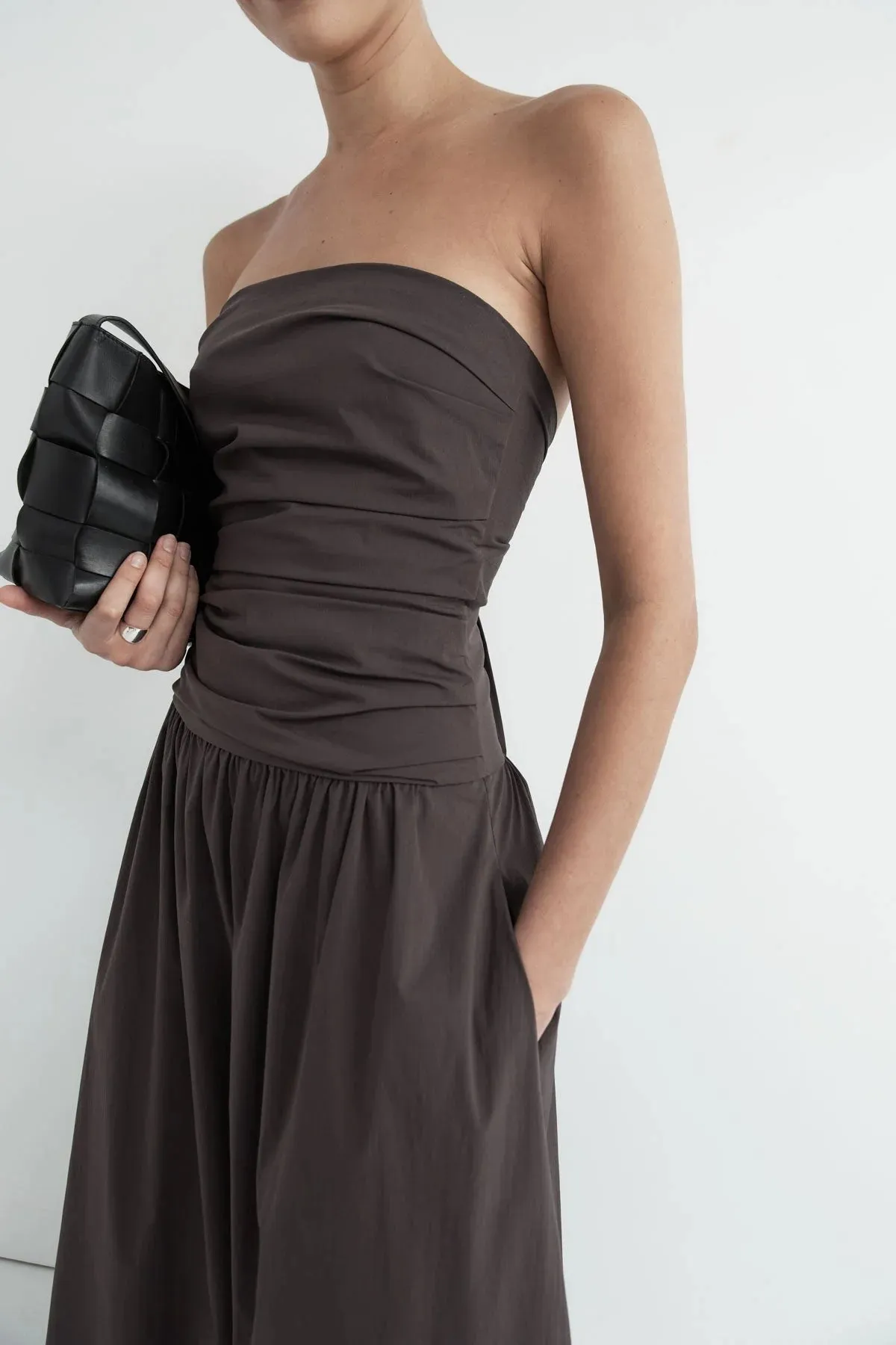 Gathered Strapless Tie Back Dress in Chocolate Plum