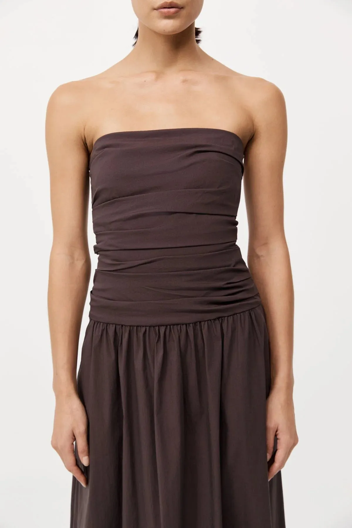 Gathered Strapless Tie Back Dress in Chocolate Plum