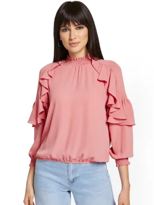 High-Neck Ruffle-Sleeve Blouse