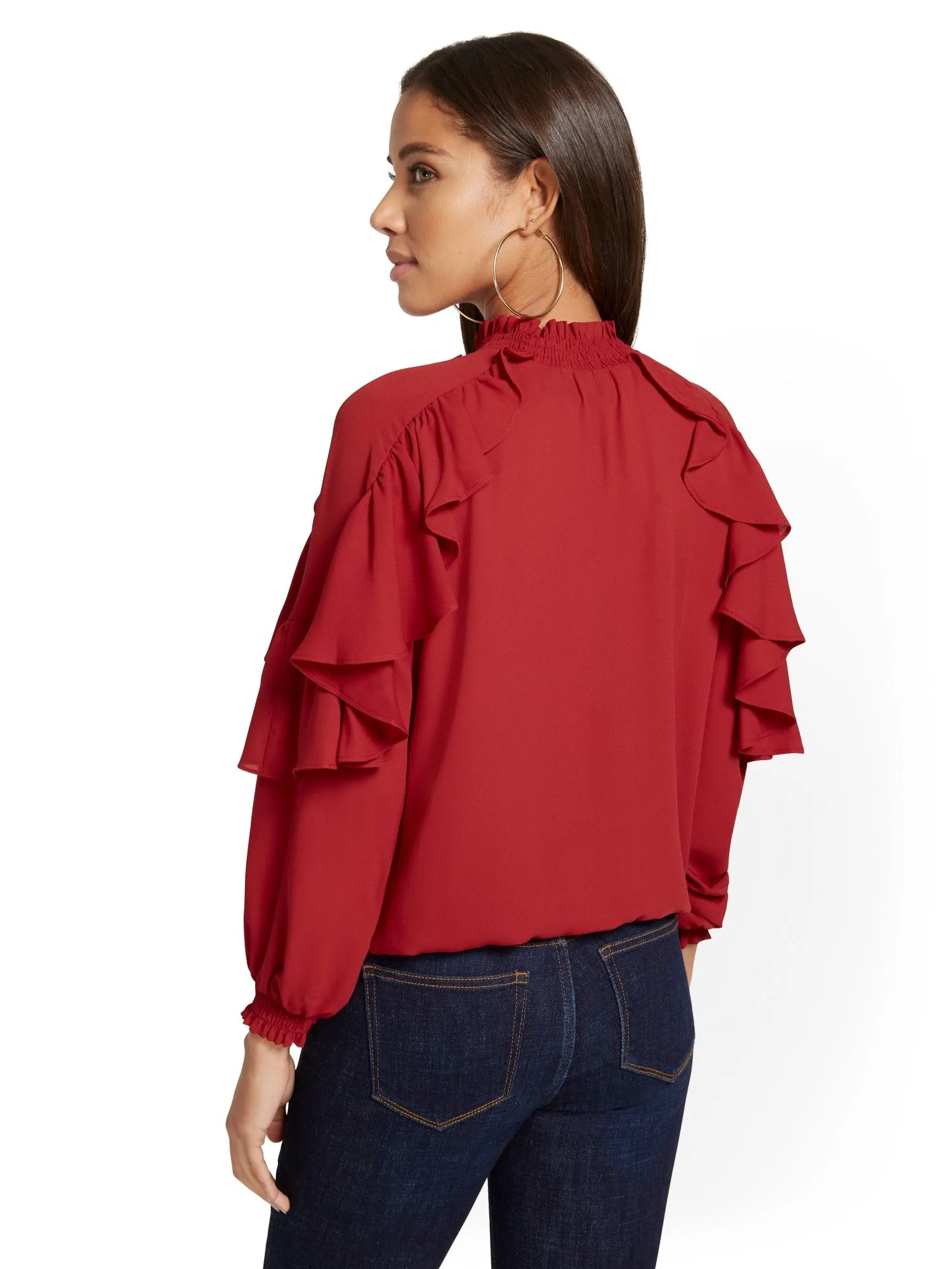 High-Neck Ruffle-Sleeve Blouse
