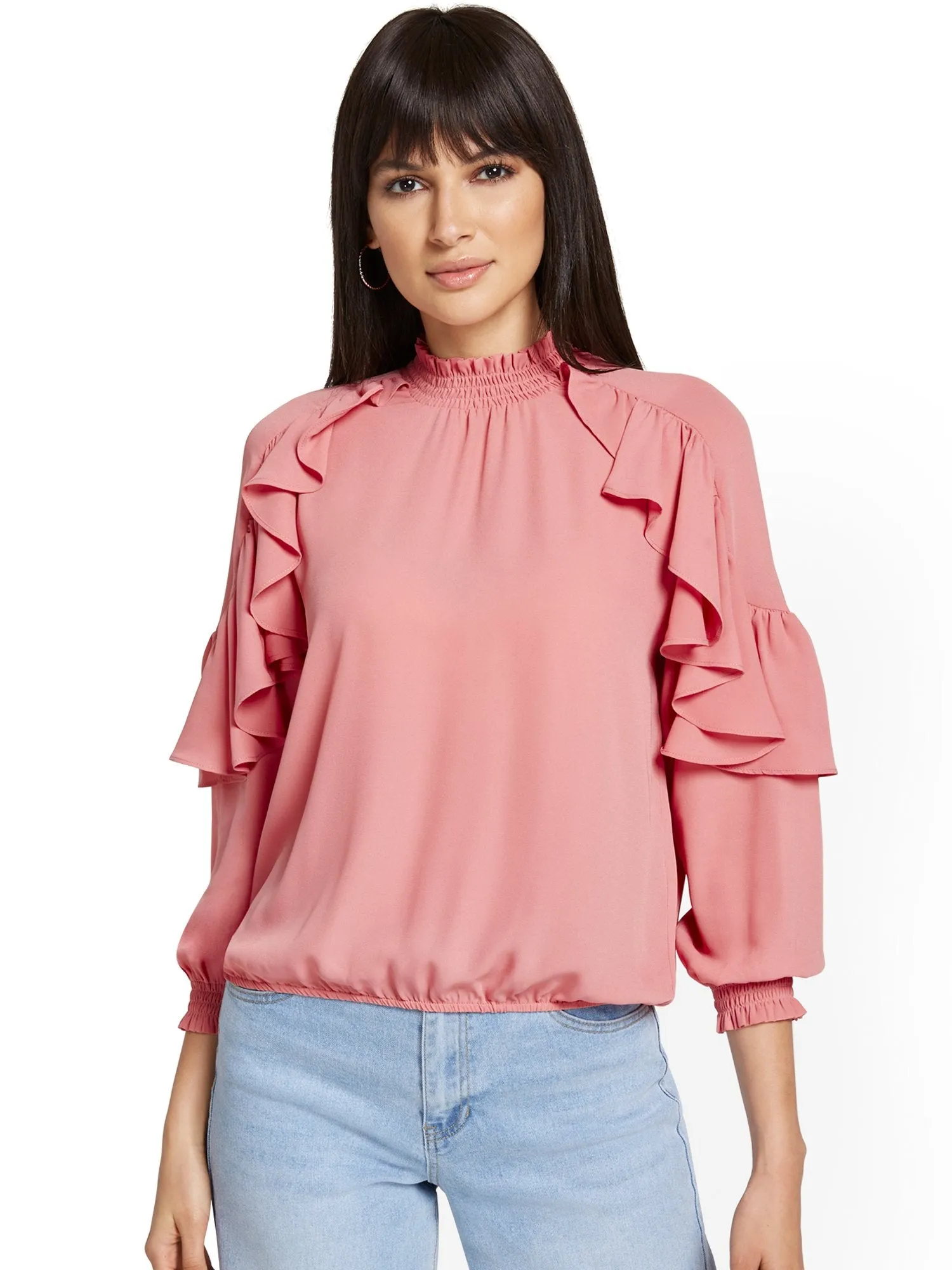 High-Neck Ruffle-Sleeve Blouse