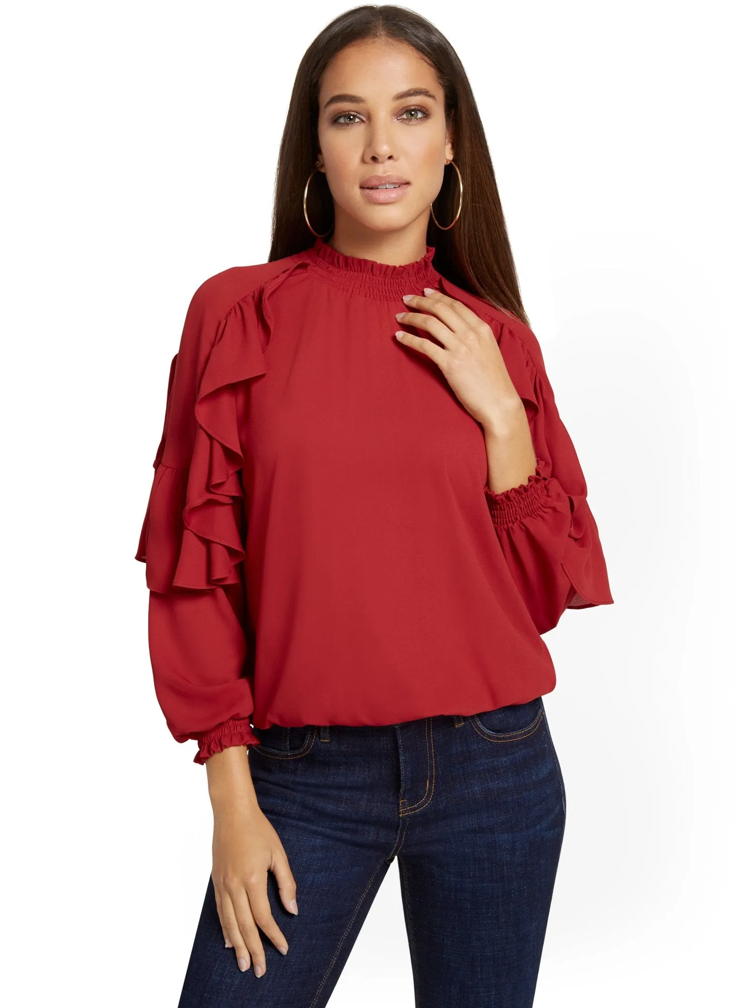 High-Neck Ruffle-Sleeve Blouse