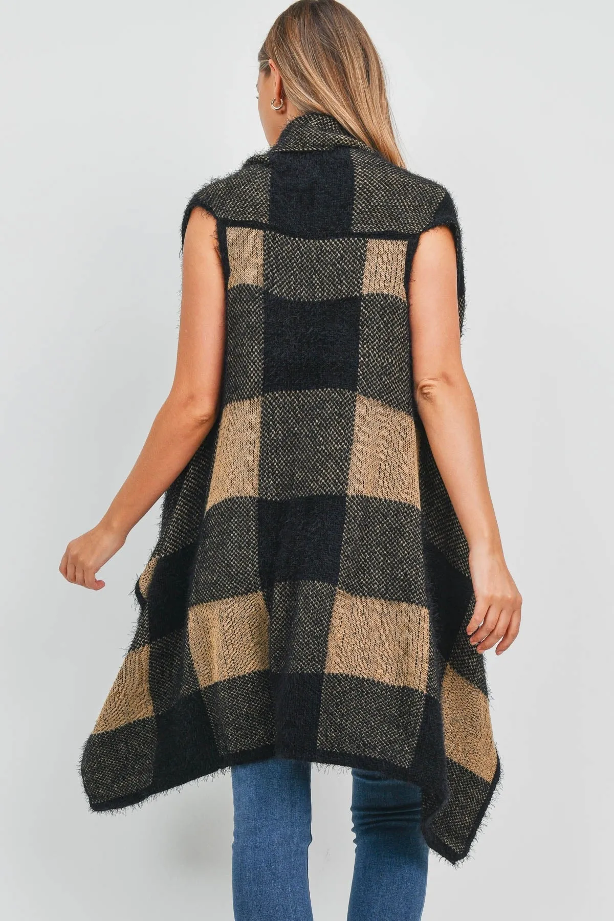 KNIT SQUARE PATTERN OPEN FRONT KIMONO VEST- BLACK/1PC