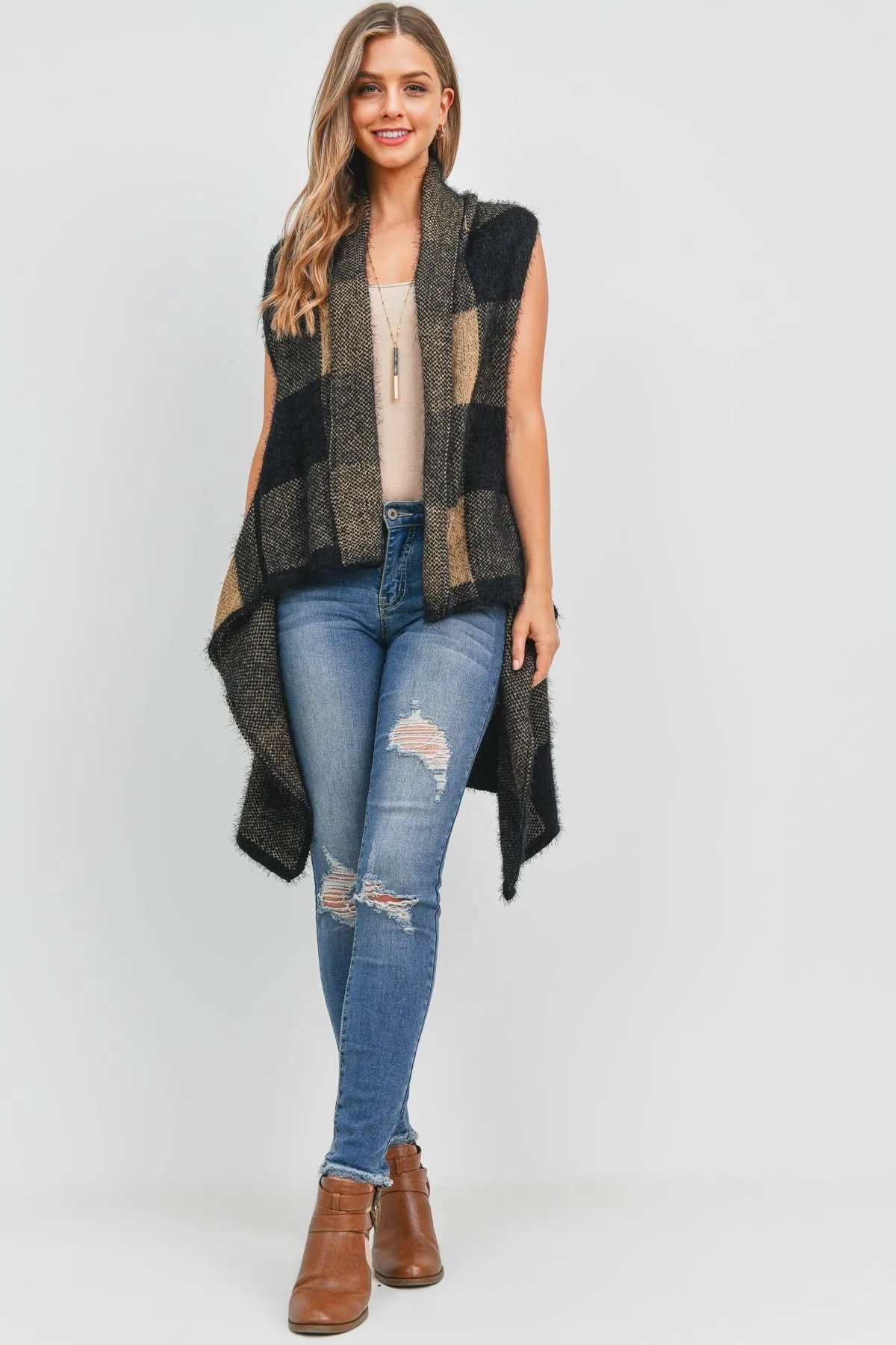 KNIT SQUARE PATTERN OPEN FRONT KIMONO VEST- BLACK/1PC