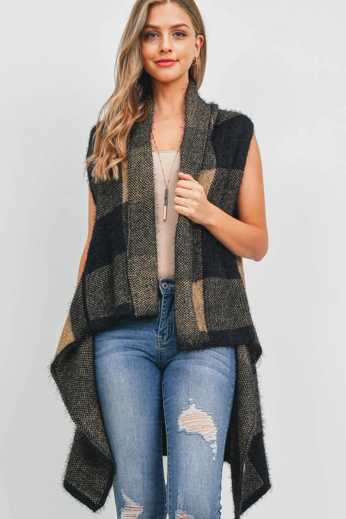KNIT SQUARE PATTERN OPEN FRONT KIMONO VEST- BLACK/1PC