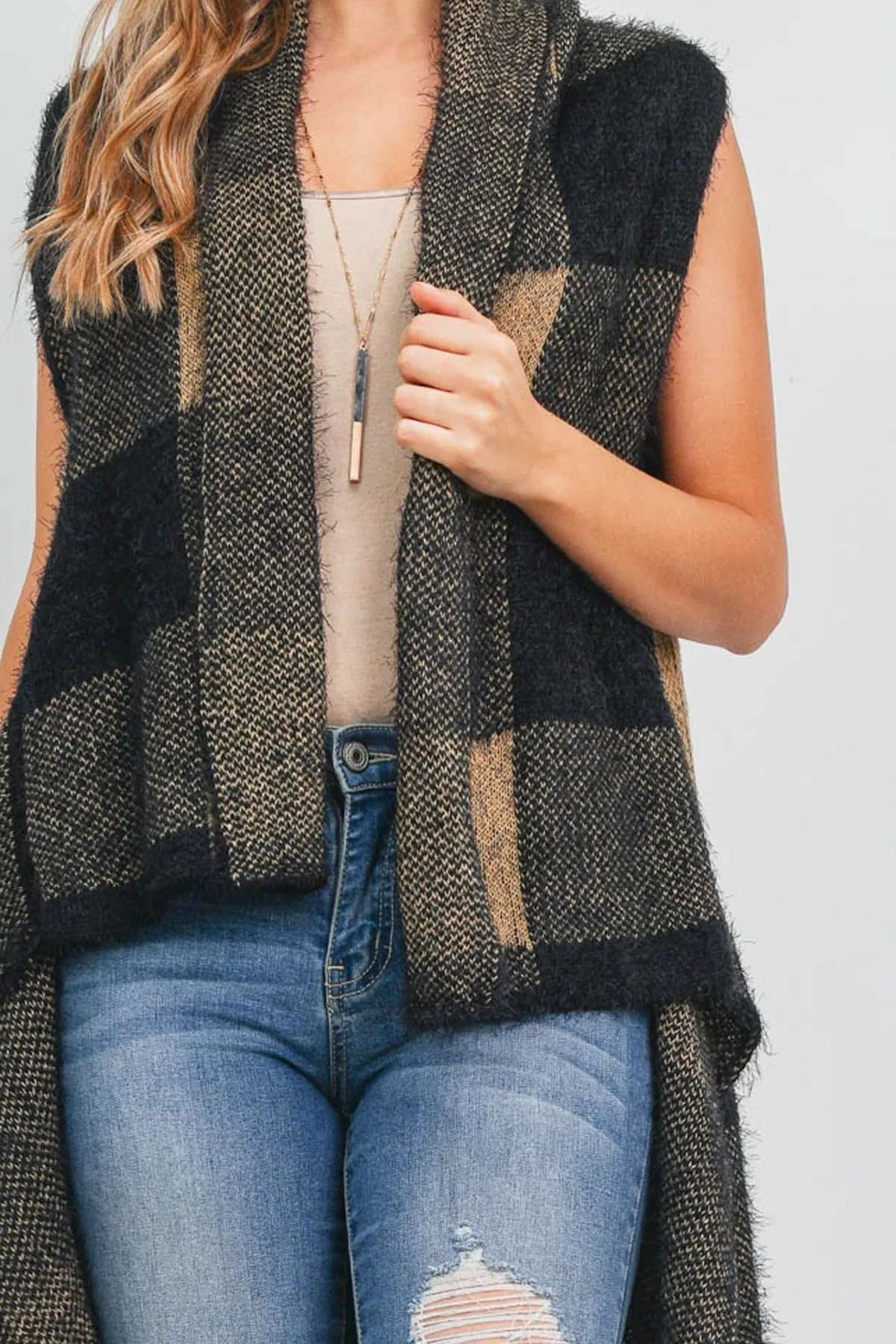 KNIT SQUARE PATTERN OPEN FRONT KIMONO VEST- BLACK/1PC