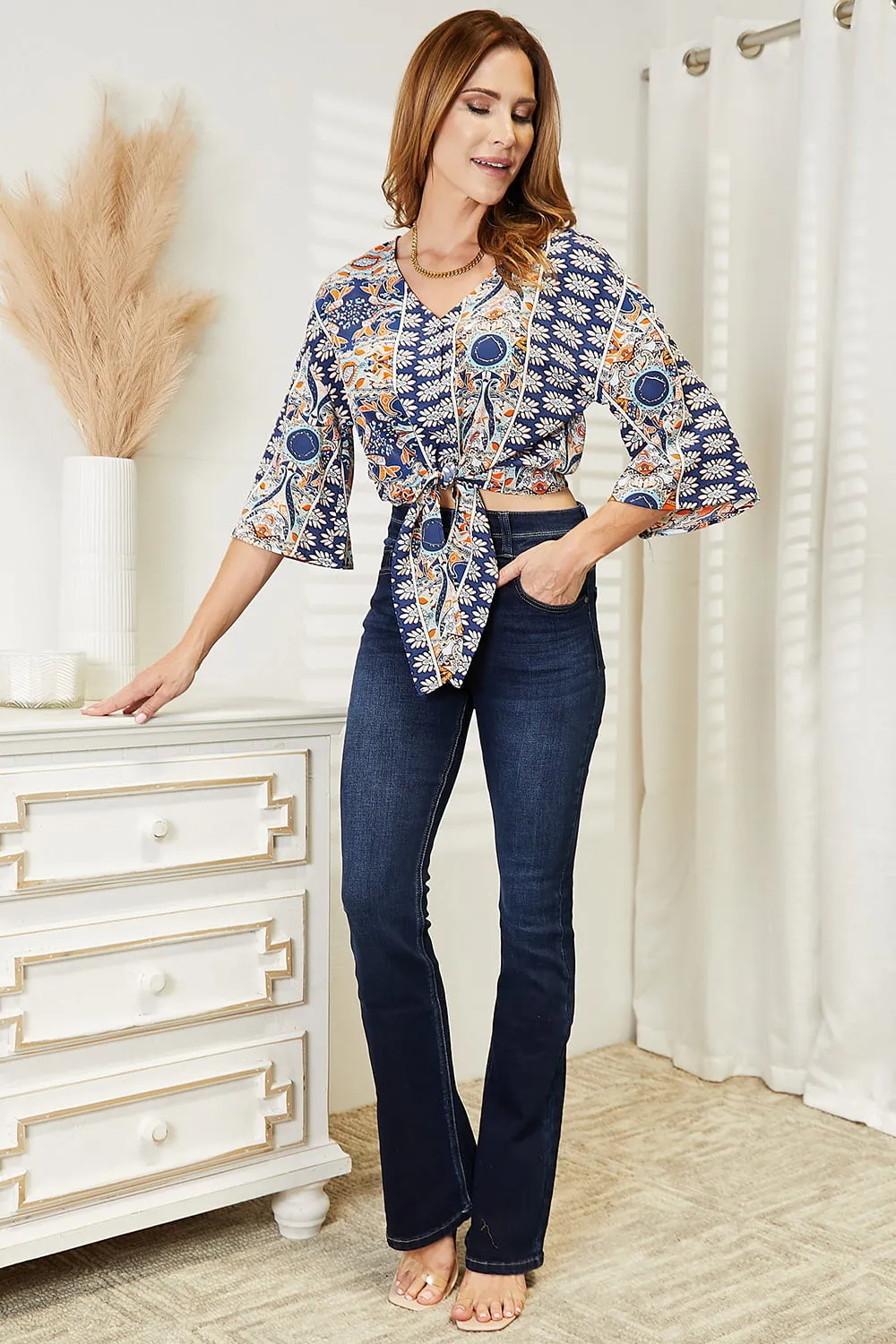 Living Out Loud Tie Hem Three-Quarter Sleeve Blouse