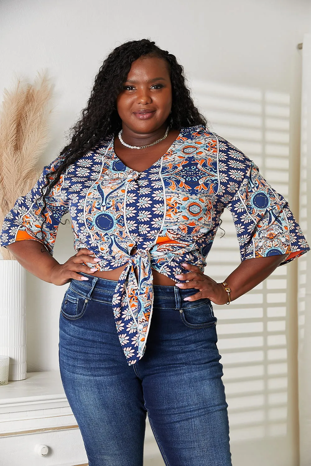 Living Out Loud Tie Hem Three-Quarter Sleeve Blouse