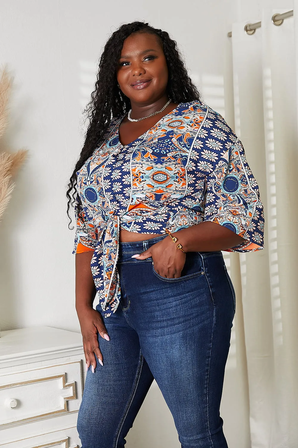 Living Out Loud Tie Hem Three-Quarter Sleeve Blouse