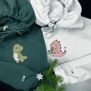Matching Couple Hoodies - Cute Dinosaur Couple Custom Embroidered Sweatshirts For Couples