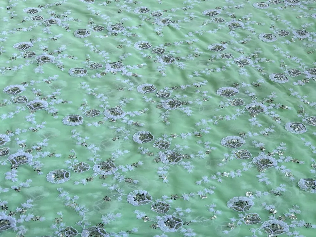 Mint Green & White Floral Chikankari Embroidered Georgette Fabric (Wholesale)