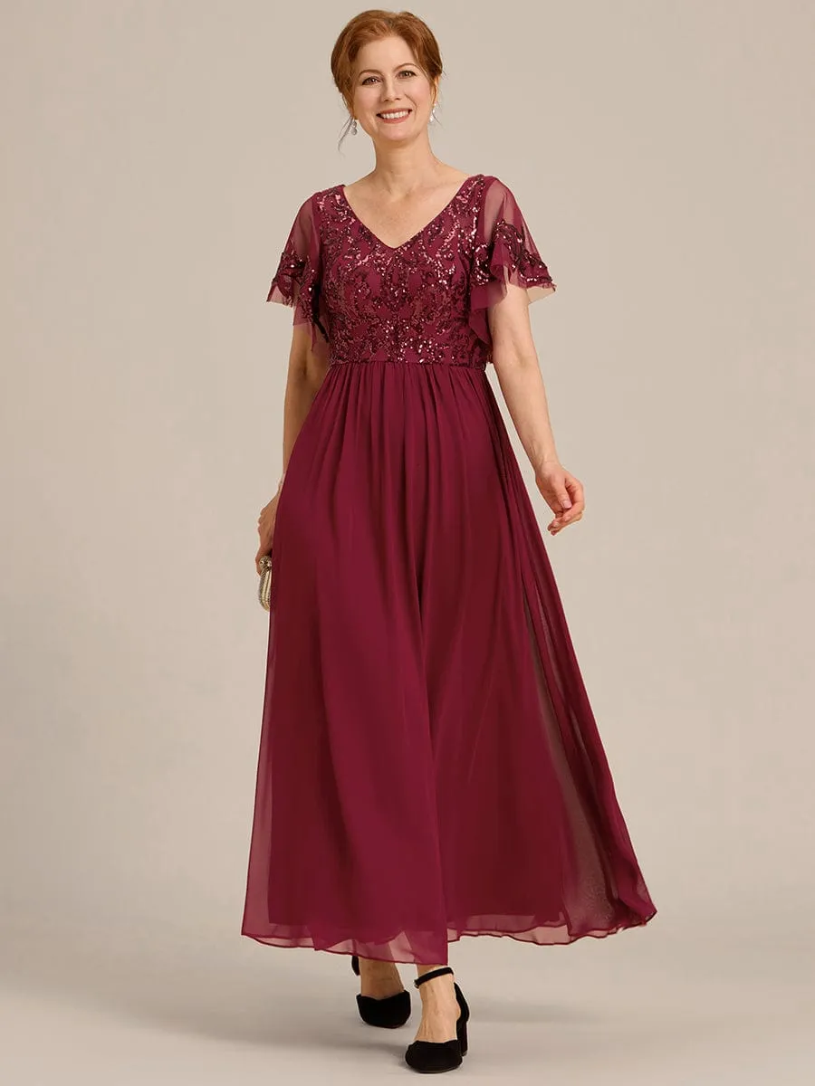 Short Sleeve V-Neck Sequin Chiffon A-Line Mother of the Bride Dress