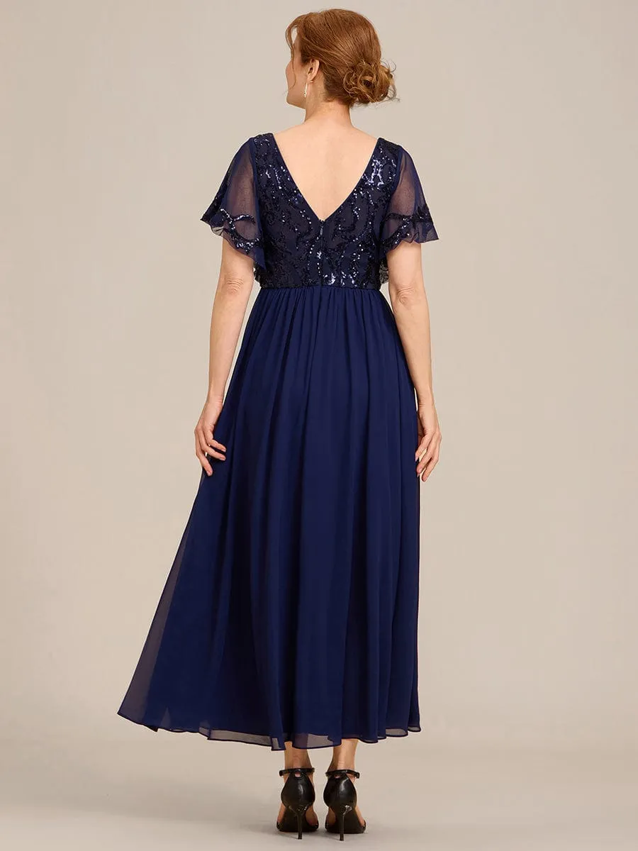 Short Sleeve V-Neck Sequin Chiffon A-Line Mother of the Bride Dress