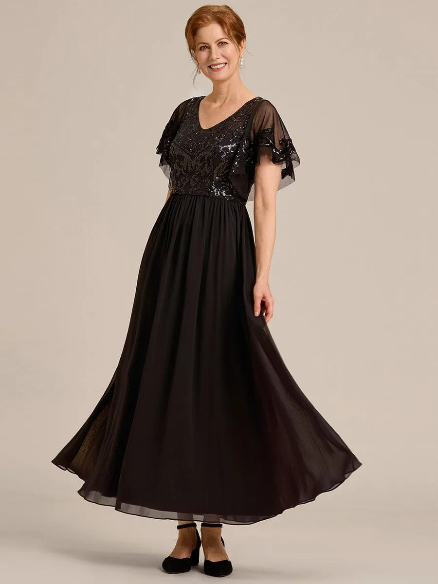 Short Sleeve V-Neck Sequin Chiffon A-Line Mother of the Bride Dress