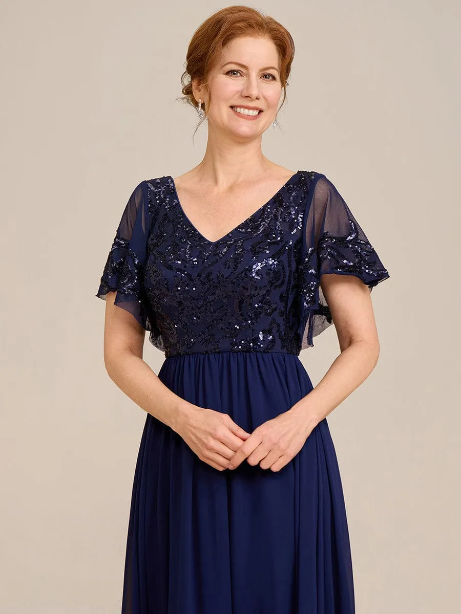 Short Sleeve V-Neck Sequin Chiffon A-Line Mother of the Bride Dress