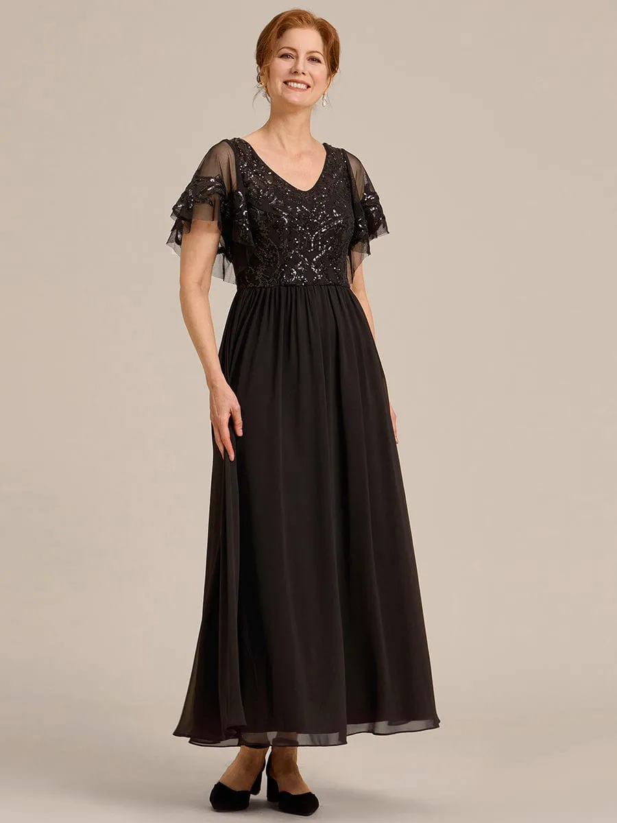 Short Sleeve V-Neck Sequin Chiffon A-Line Mother of the Bride Dress