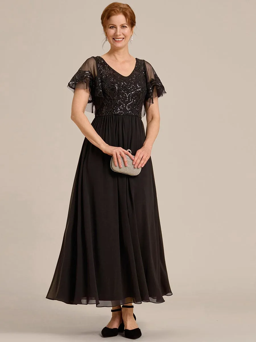 Short Sleeve V-Neck Sequin Chiffon A-Line Mother of the Bride Dress