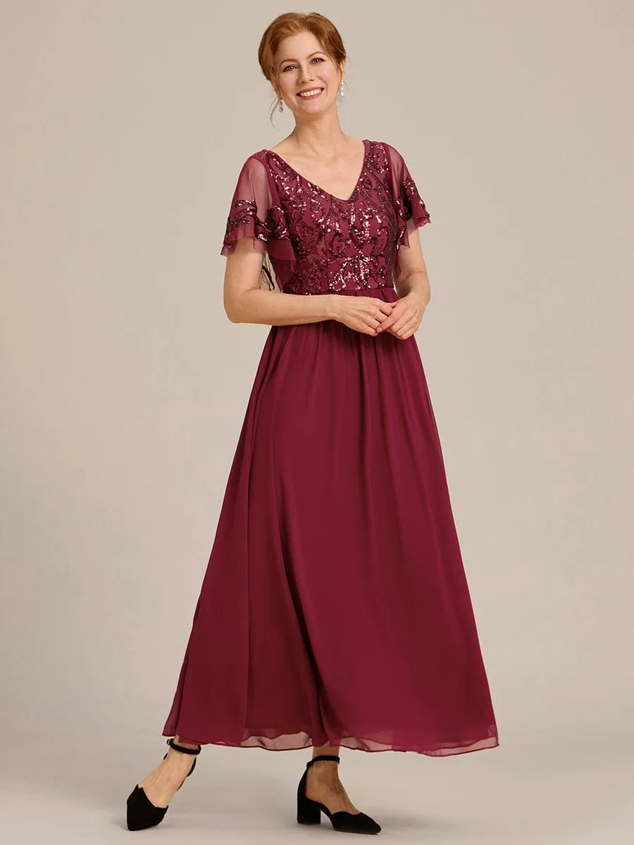 Short Sleeve V-Neck Sequin Chiffon A-Line Mother of the Bride Dress