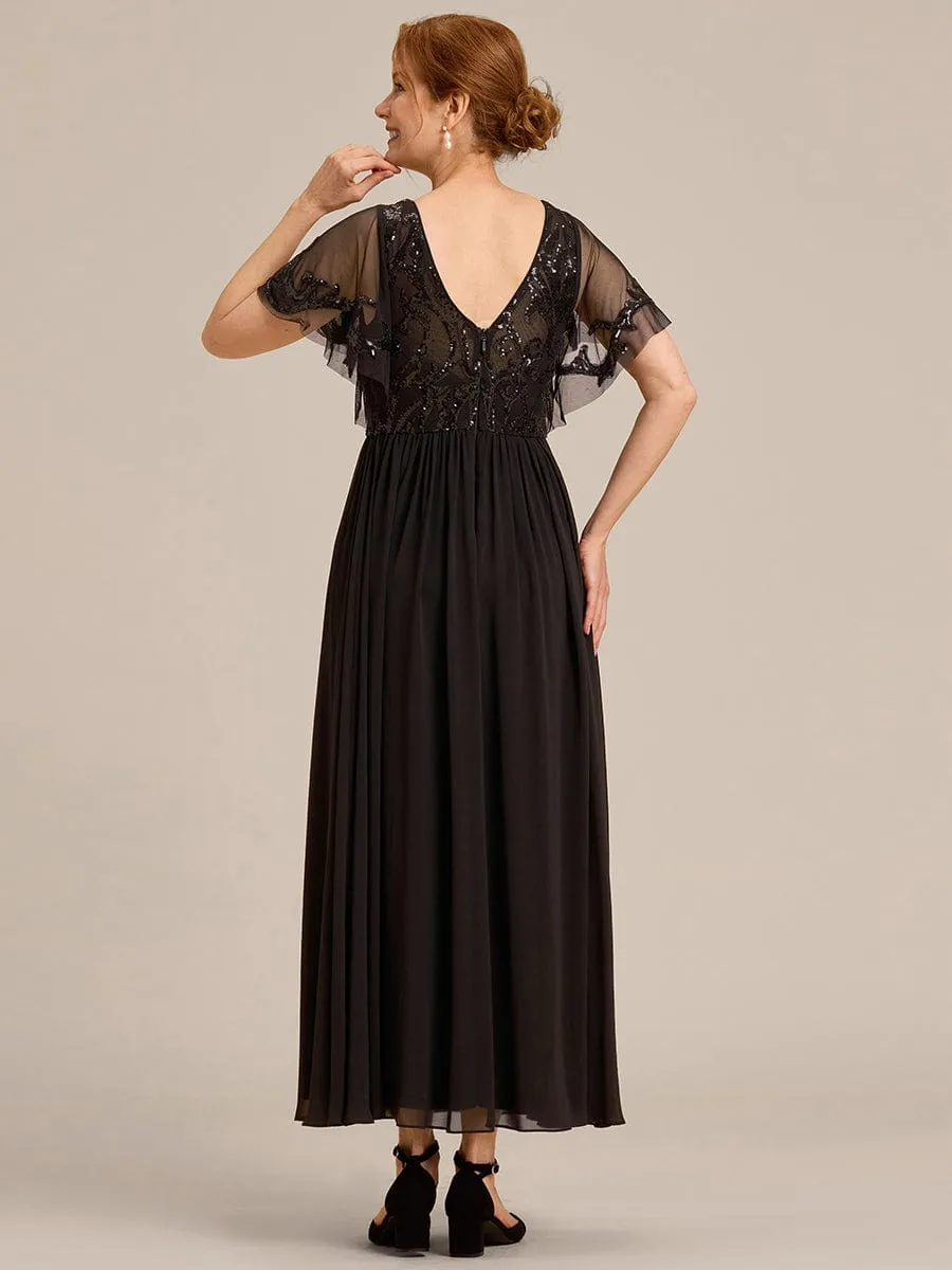 Short Sleeve V-Neck Sequin Chiffon A-Line Mother of the Bride Dress