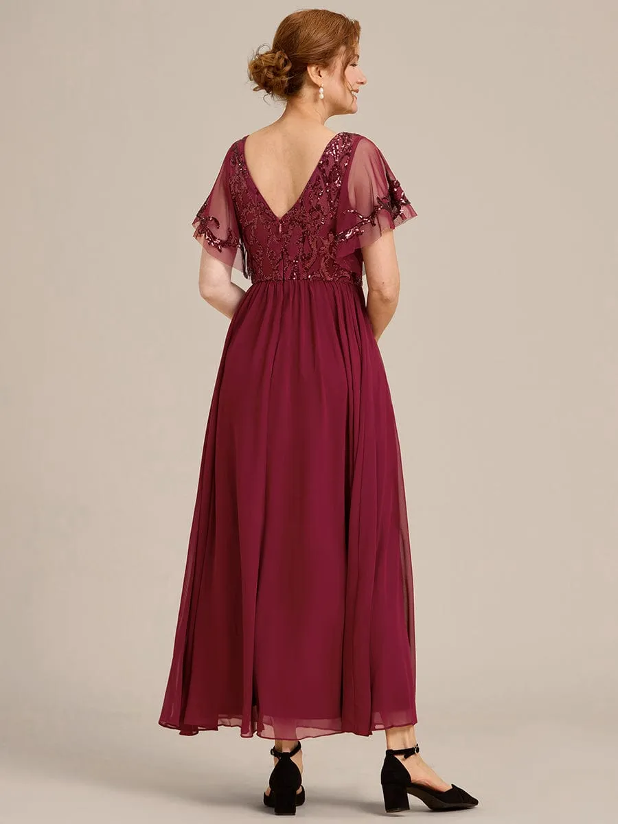 Short Sleeve V-Neck Sequin Chiffon A-Line Mother of the Bride Dress