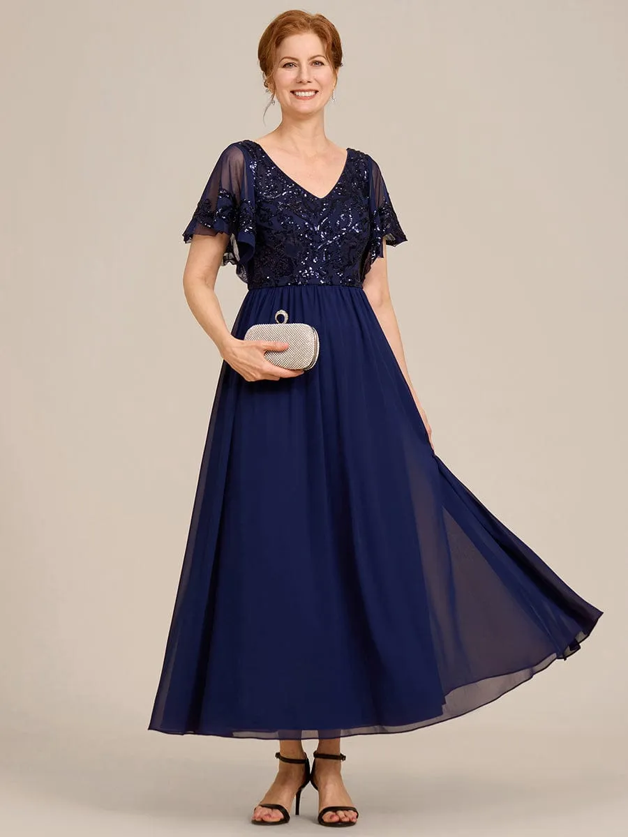 Short Sleeve V-Neck Sequin Chiffon A-Line Mother of the Bride Dress