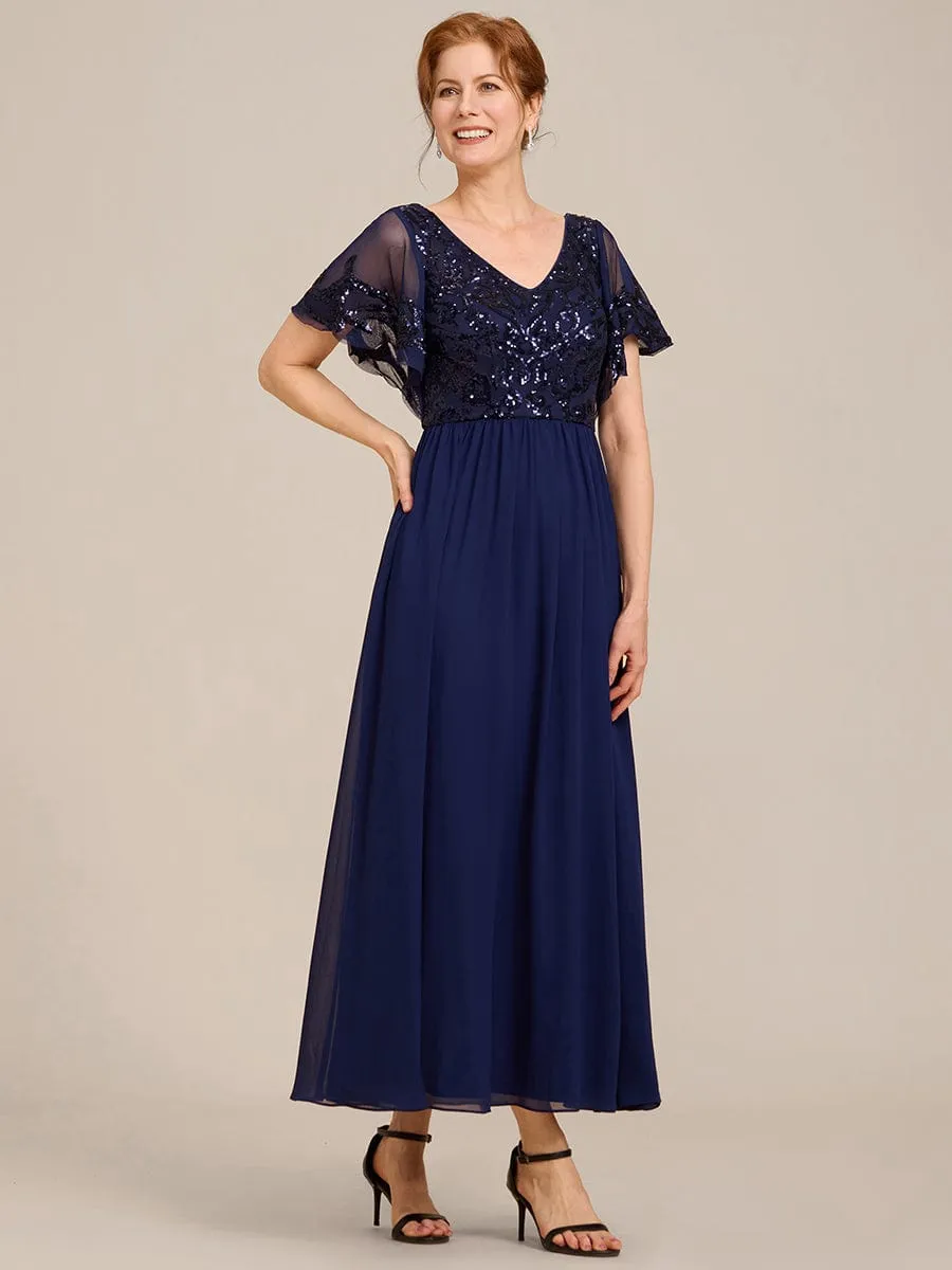 Short Sleeve V-Neck Sequin Chiffon A-Line Mother of the Bride Dress