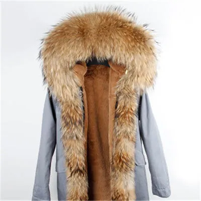 Winter Super warm real fur coat big raccoon fur collar hooded parkas thick outerwear