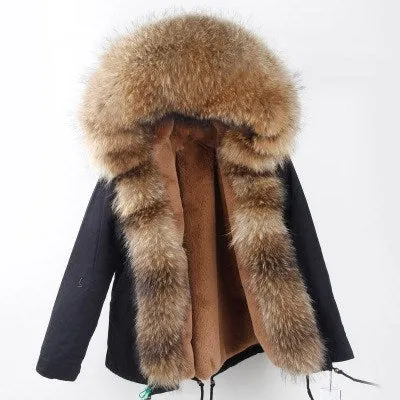 Winter Super warm real fur coat big raccoon fur collar hooded parkas thick outerwear