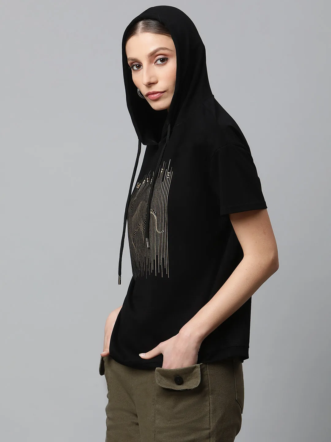 Women Black Regular Fit Hooded Embellished T-Shirt