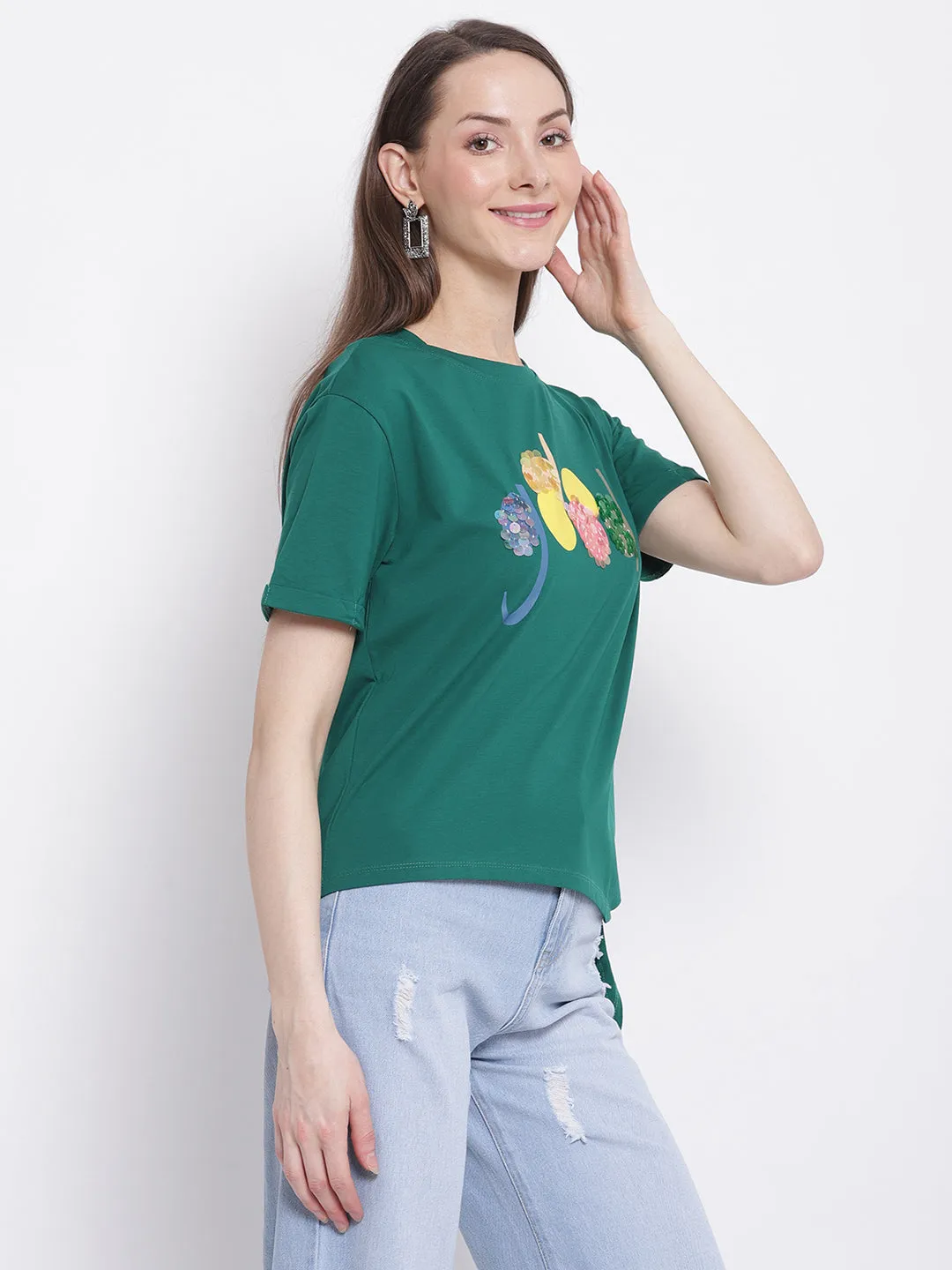 Women Green Printed T-Shirt with Knot Details at Hem