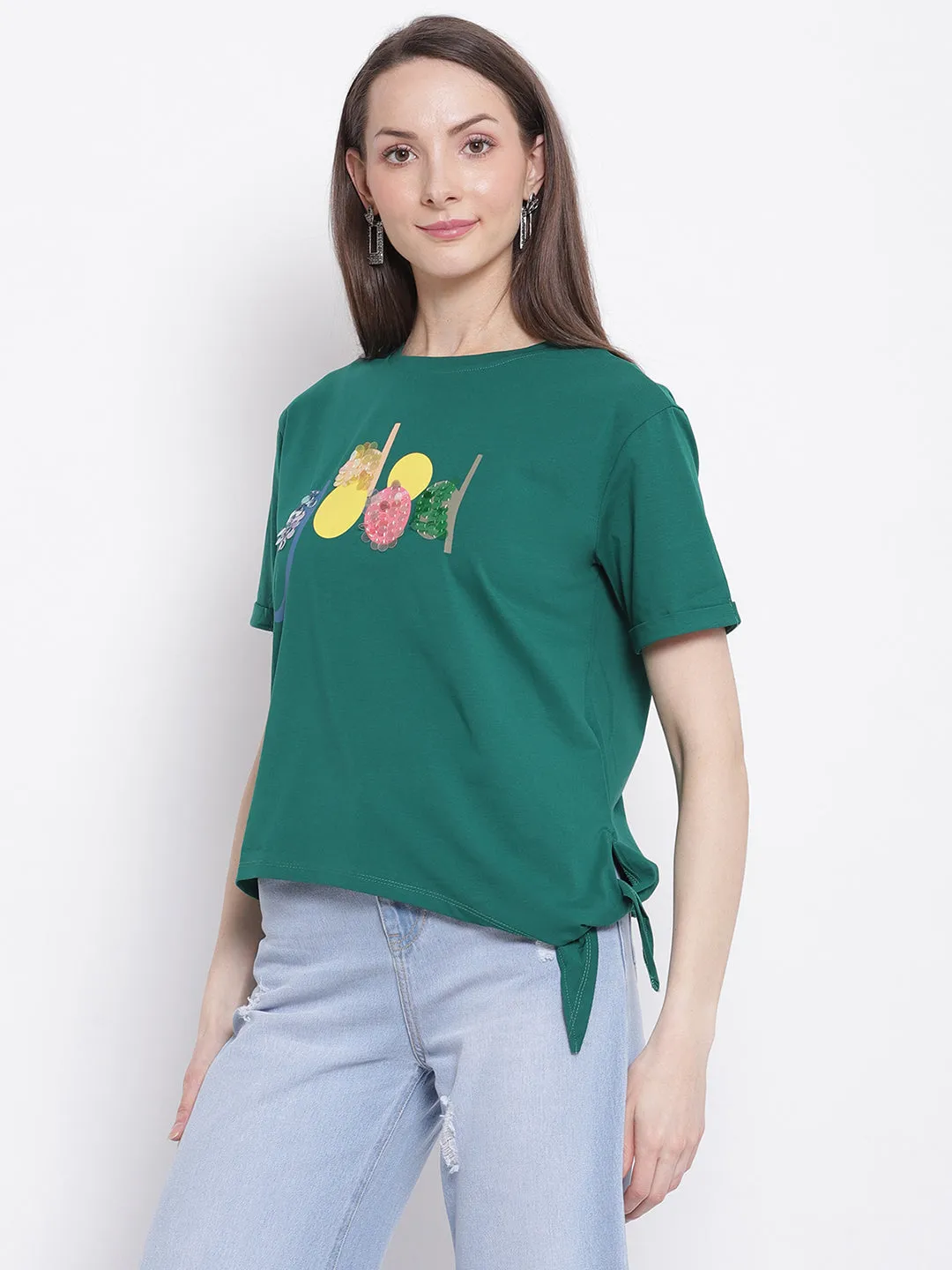 Women Green Printed T-Shirt with Knot Details at Hem