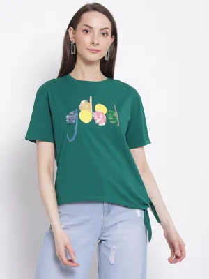 Women Green Printed T-Shirt with Knot Details at Hem